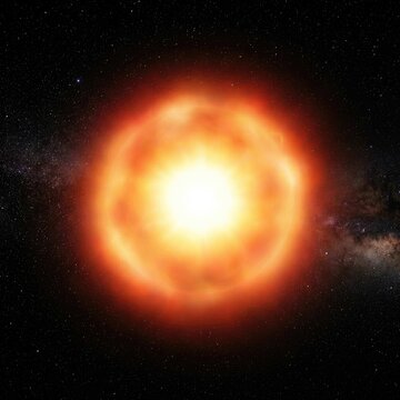 Red giant star illustration with galactic background and stellar flare
