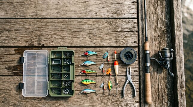Top down flat lay of fishing equipment including rod, reel, tackle box, colorful lures, and pliers on a wooden deck