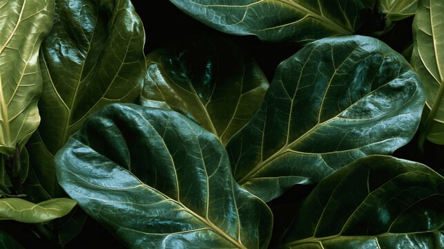 Close-up of overlapping fiddle leaf fig leaves  Tropical Background Wallpaper Pattern 