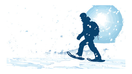 Fototapeta premium Snowshoer treks through a winter landscape during a heavy snowfall with a backpack.