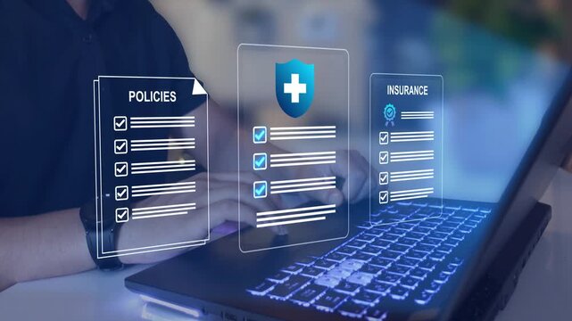 Digital insurance policies and compliance documents. Risk management data security policy protection, regulatory compliance and insurance technology concept.