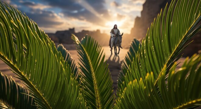 Biblical figure on donkey viewed through tropical palm fronds.