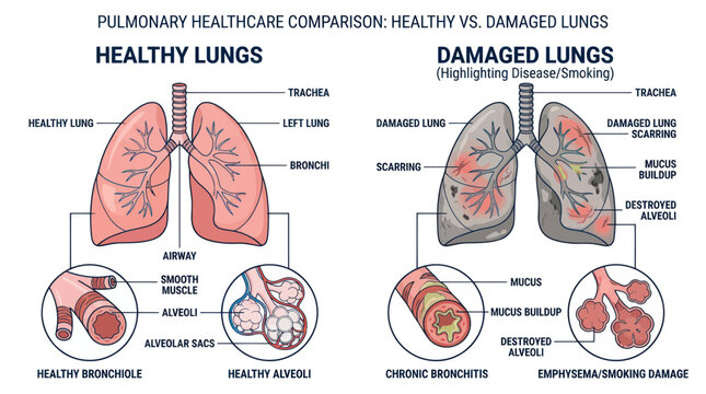 Comparison of healthy and damaged lungs with respiratory anatomy