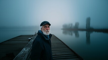 Fototapeta premium Elderly Man Reflecting on Misty Lakeside Pier