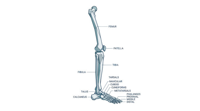 Human leg and foot skeletal anatomy with detailed labels