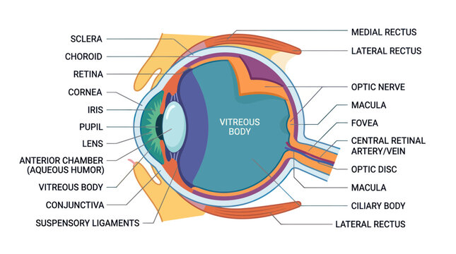 Human eye anatomy with detailed medical labels and cross section