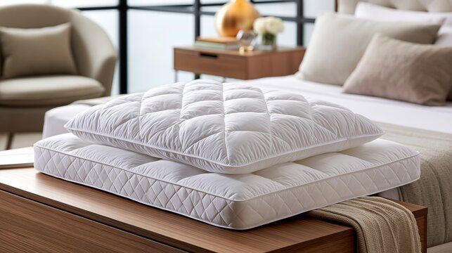 Soft white quilted bed pillow resting on a thick mattress topper in a modern bedroom setting