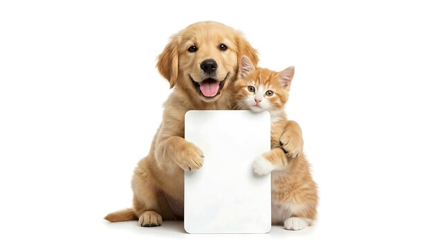 Golden retriever puppy and orange tabby kitten sitting side by side with paws resting on blank wooden sign against white background showing friendly harmony and cooperative companionship