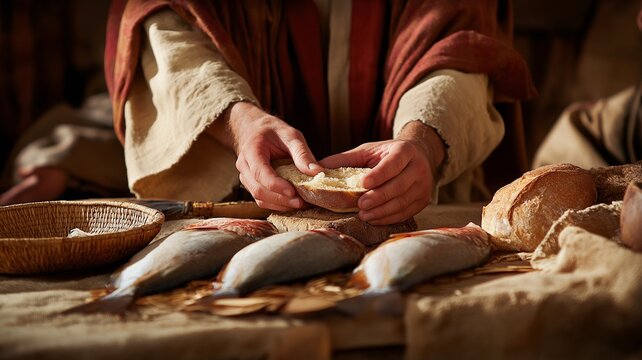 Breaking Bread and Fish in Biblical Scene