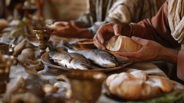 Breaking Bread and Fish in Biblical Scene