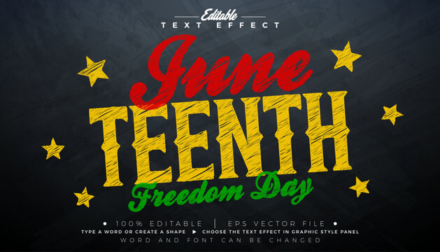 Juneteenth Freedom Day Editable Text Effect Graphic Style. African American June 19 Independence Day Typography Template with Flag Color Chalk Typography on Blackboard Background. Customizable Vector