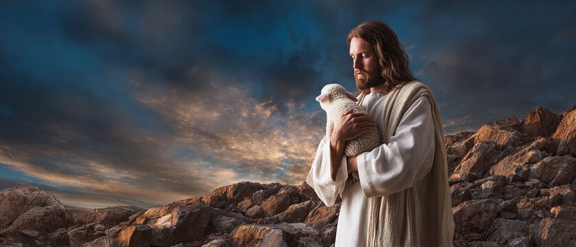 Jesus carrying a lamb gently in the midst of rocky scenery beneath a striking sky.