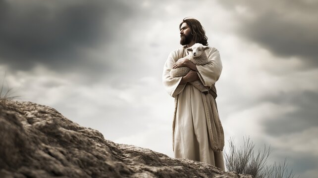 Jesus carrying a lamb gently in the midst of rocky scenery beneath a striking sky.