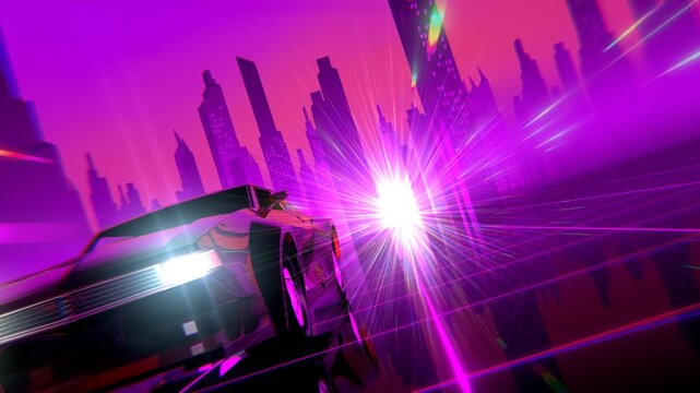 80s Retro Futuristic Synthwave Car Front View with Explosive Neon Lens Flare & Rainbow Laser Beams &ndash; Purple Pink Skyline, 3D Animation
