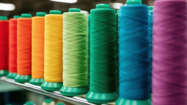 Colorful thread spool in vibrant red orange yellow green teal blue purple lined up in a row for sewing and textile crafting close-up focus on middle section