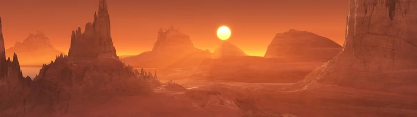 Alien surface of the planet at sunrise, Martian sunset, Mars at sunset, Sunrise on Mars, 3D rendering © ustas