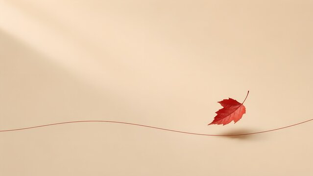 Beige Minimalist Autumn Background with Single Red Leaf on Fine Line