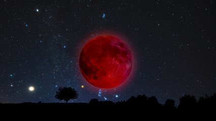 Fototapeta premium Lunar eclipse, stars and planets above landscape silhouettes.