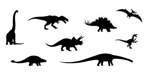 Obraz premium Dinosaurs in Various Poses and Shapes as Black Silhouettes on a White Background Featuring Prehistoric, Animals, Reptiles with Fossils and Ancient