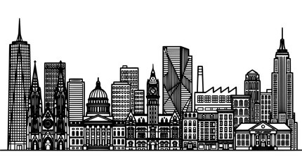 Fototapeta premium City Skyline Illustration with Tall Skyscrapers, Detailed Rooftops, and Rooftop Antennas on a Clean Background