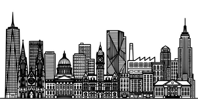 City Skyline Illustration with Tall Skyscrapers, Detailed Rooftops, and Rooftop Antennas on a Clean Background