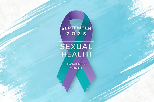 Teal and purple awareness ribbon featuring bold white text for sexual health awareness month september twenty twenty six displayed on a bright artistic light blue painted background with textured brus
