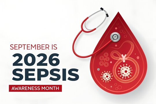 September is 2026 sepsis awareness month concept illustration featuring a large red blood drop icon with an integrated medical stethoscope and microscopic pathogen cells designed for global health edu