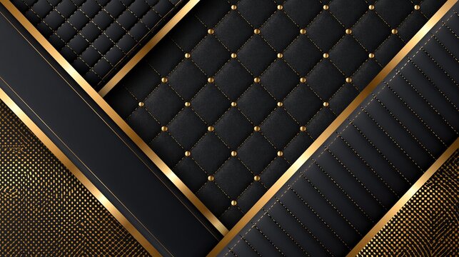 Elegant black quilted leather background featuring shiny gold metal accents and geometric luxury design patterns