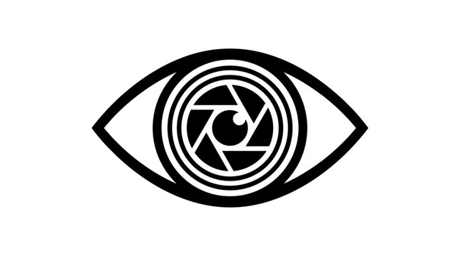 Camera eye icon, photography symbol, black vector illustration, graphic design element