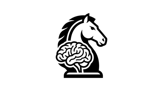 Black and white chess knight horse head with brain, strategy icon, intellectual symbol, thinking concept
