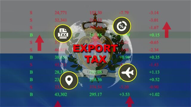 Export Tax Imposed: Visual representation of an export tax with relevant icons and stock market data, suggesting economic impact.