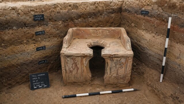  An unearthed ancient ceramic latrine at an archaeological dig site. event programs, museum guides, designed for cultural heritage projects and event programs.