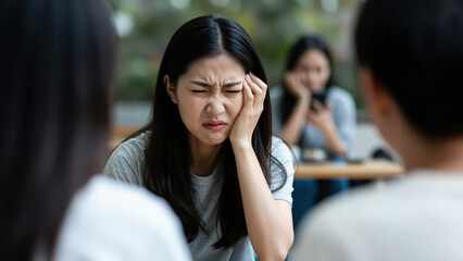 Fototapeta premium Displeasure Amidst Company: A young woman expresses discomfort and frustration, her face contorted in a grimace as she sits with companions in an outdoor cafe.