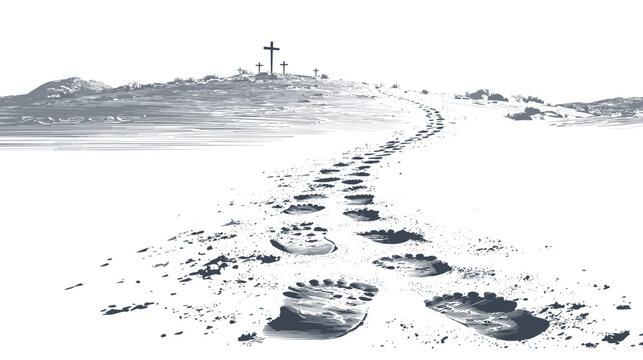 Footprints leading up a desolate hill with three crosses on top symbolizing the path to salvation and redemption