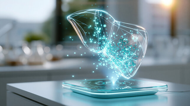 Futuristic glowing liver hologram with digital data grid lines on device screen in science lab