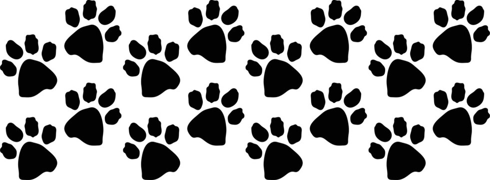 Black paw prints seamless pattern banner, Animal footprint texture background, Minimalist pet track vector graphics