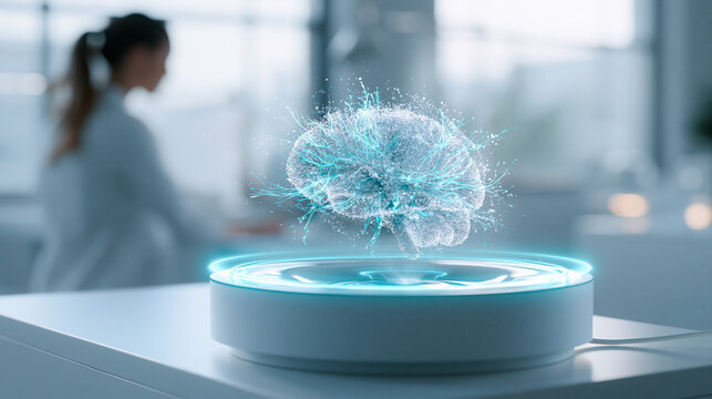 Artificial intelligence brain hologram on glowing pod with female scientist working in blurred background