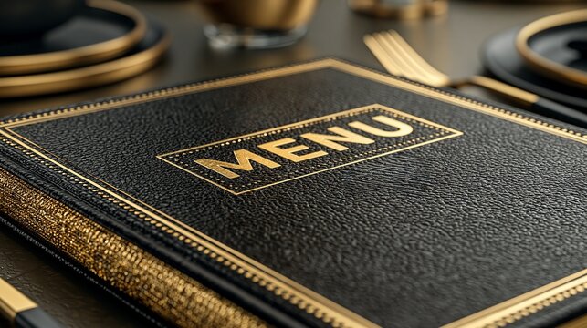 Luxurious black leather restaurant menu book featuring elegant gold embossed lettering on a textured surface