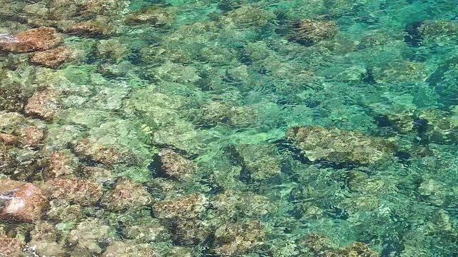Crystal clear turquoise water revealing rocky seabed on Mediterranean coast