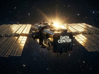 Fototapeta premium A futuristic space data center with solar panels in space, illuminated by a star, conveying advanced technology themes.