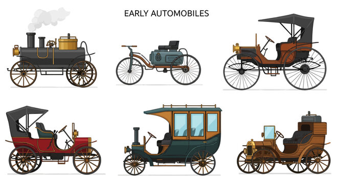 Detailed vector illustration of various vintage and antique early automobiles, showcasing the evolution of car design and transportation history.