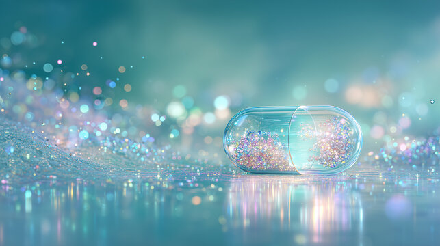 Open clear gel capsule with glowing colorful micro particles for advanced pharmacy concept