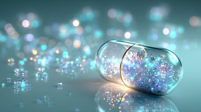 Futuristic glass capsule filled with illuminated biological nano spheres on reflective surface