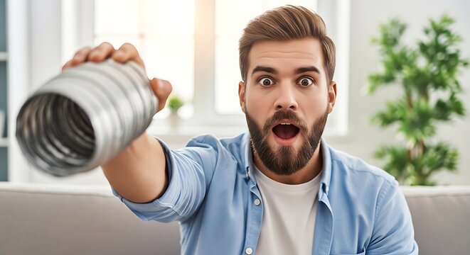 Surprised man holding out a silver metal slinky toy to camera