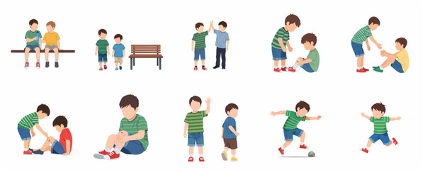 Fototapeta premium Set of flat vector illustrations of young boys showing empathy, helping friends with injuries, sharing, and playing together, isolated on a white background.