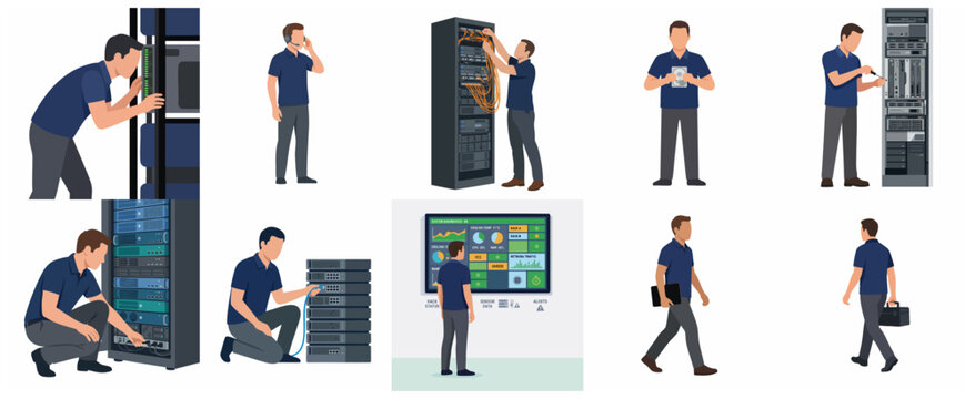 Set of Flat Vector Illustrations of Data Center Technician and IT Engineer Working with Servers, Network Equipment, and System Monitoring