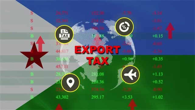 Global Export Tax Impact: Illustrates the complex effects of export taxes on international trade, featuring a globe, financial charts, and symbols representing trade, travel, and location.