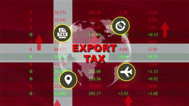Export Tax Concept: An infographic visually represents the concept of export tax, with a globe overlaid on a background of stock market data and currency charts.