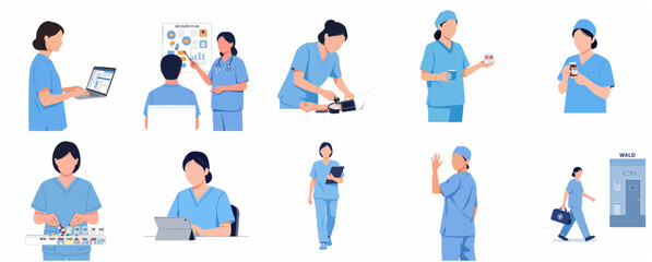 Fototapeta premium Nurse and Healthcare Professional Character Set Performing Medical Tasks and Patient Care in Flat Vector Style