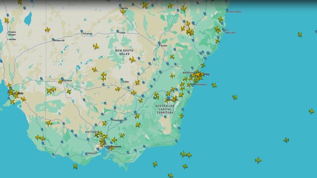 Air traffic density map displaying aircraft movements across Australia, aviation monitoring interface showing routes navigation activity and transport distribution